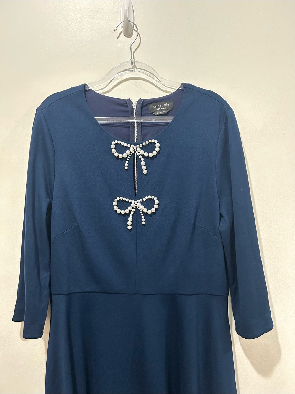 Kate Spade A-line Dress Pearl Bows Women’s XL Navy Blue Stretch Pockets Dressy - Picture 6 of 15